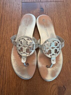 Tory Burch Metallic Gold Logo Miller Thong Sandals size 7